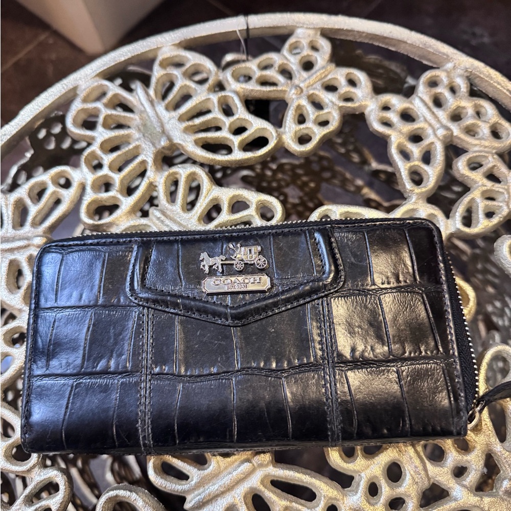 Coach Black Croc-Embossed Leather Wallet